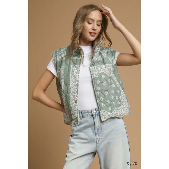Umgee Bandana Print Side Pockets Snap Button Quilted Puffer Vest Jacket | Olive - Picture 3 of 6